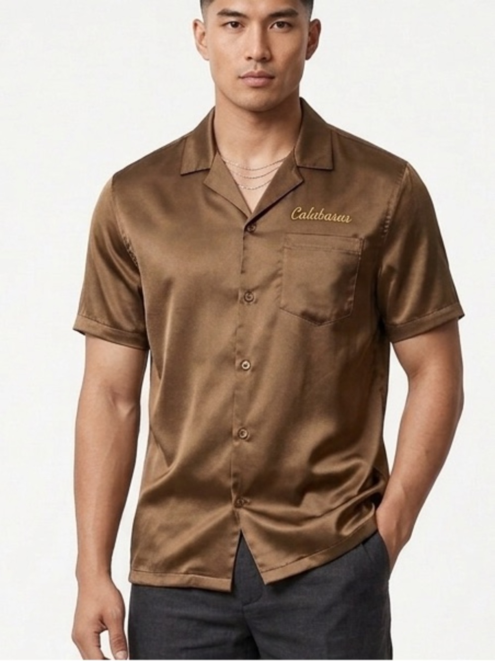 H&M Men’s Calabasas Short-Sleeve Satin Camp Shirt - Brown S NWT